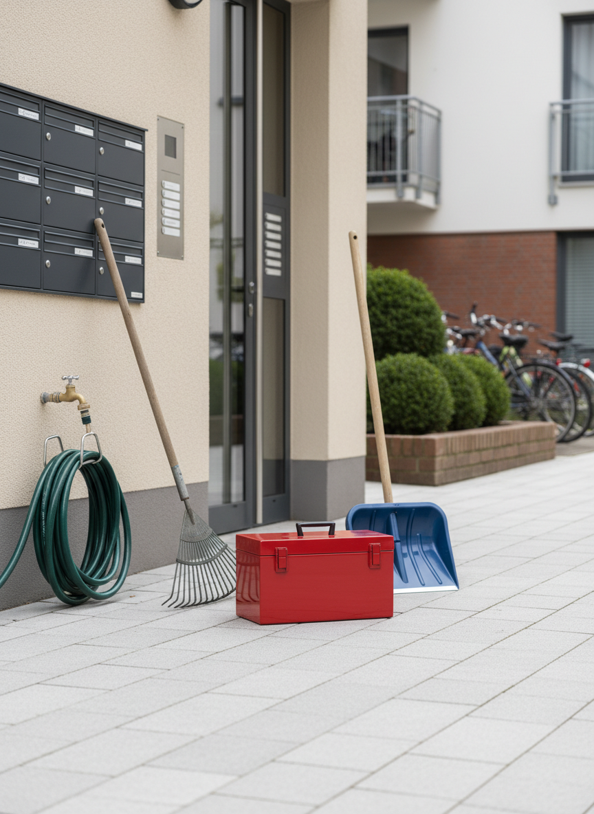 A neatly arranged set of professional maintenance tools, including a bright red toolbox, neatly coiled garden hose, metal rake, and a sturdy snow shovel, placed on clean, light-gray paving stones in front of a well-kept apartment entrance. The building facade features neutral beige plaster, dark gray mailboxes, and a clearly visible doorbell panel labeled with discrete nameplates. Soft overcast daylight creates even, shadow-free illumination, emphasizing cleanliness and order. The mood is reliable and trustworthy, ideal for a professional facility service. Captured at eye level with photographic realism, moderate depth of field keeps all elements sharp while the background shrubbery and parked bicycles are gently softened, conveying an approachable, budget-friendly house and garden service.