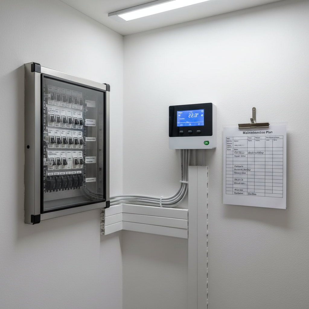A close-up, detailed view of a building’s technical corner: a neatly labeled fuse box with clearly arranged switches, adjacent to a clean heating system control panel with illuminated digital display showing normal operation. Cables are orderly guided along the wall with white cable channels, and a laminated maintenance plan hangs nearby on a hook, filled in with recent dates. Neutral white wall paint appears unblemished. Cool, even LED lighting from above ensures clear visibility without dramatic shadows. Photographic realism and a slightly angled composition emphasize precision and reliability. The mood is competent and professional, highlighting that behind the scenes, technical facilities are monitored and maintained carefully, ideal for a hausmeister service promoting trustworthy, cost-effective building management in Ostholstein.
