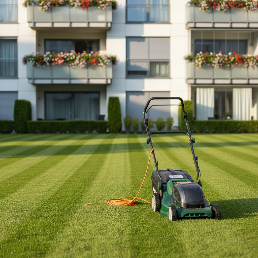 A pristine, freshly mowed green lawn with crisp, parallel mowing lines stretching toward a modern multi-unit residential building. In the foreground lies a well-maintained electric lawn mower with a clean housing in dark green and black, its cable neatly looped beside it. The building’s white and light-gray facade, with balconies featuring flower boxes and trimmed hedges, frames the scene. Soft late-afternoon natural light casts gentle, elongated shadows, giving a calm, cared-for atmosphere. Photographic realism with a slightly elevated angle highlights the lawn’s texture and precision. The image communicates professional yet affordable garden maintenance, with a clean, modern aesthetic and subtle background bokeh to keep focus on the quality of the outdoor service.