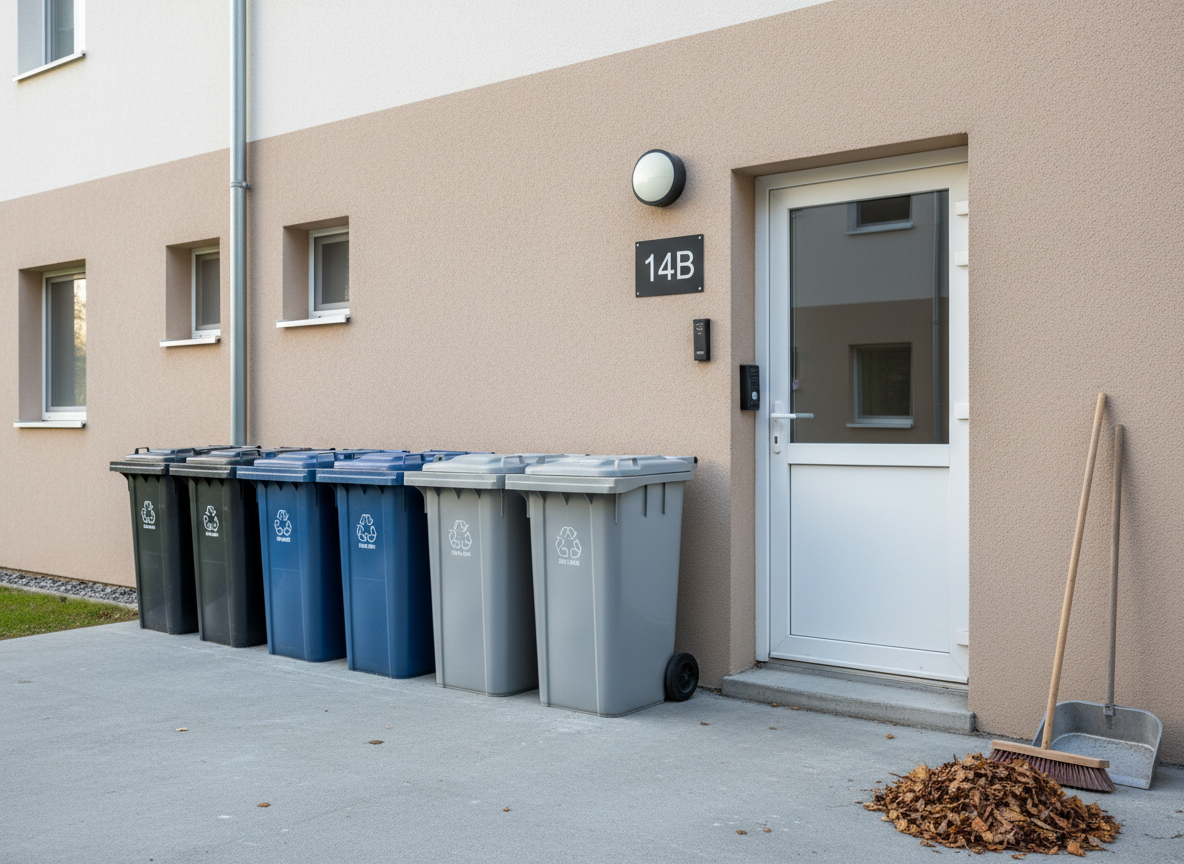 A well-organized exterior trash and recycling area behind a residential building, featuring clean, closed blue and gray waste bins aligned in a straight row on swept concrete. No litter is visible; fallen leaves are neatly gathered in a corner with a sturdy broom and dustpan leaning against the wall. The building’s back entrance door, in muted white with intact seals and a clearly legible house number sign, appears well maintained. Soft, diffused morning light gives neutral, even illumination, minimizing harsh contrasts. Photographic realism from a slightly angled side view emphasizes depth and structure. The mood is practical and efficient, reflecting diligent hausmeister service that keeps common areas orderly and hygienic without unnecessary luxury, ideal for cost-conscious property owners.