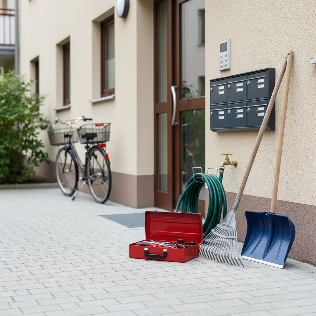 A neatly arranged set of professional maintenance tools, including a bright red toolbox, neatly coiled garden hose, metal rake, and a sturdy snow shovel, placed on clean, light-gray paving stones in front of a well-kept apartment entrance. The building facade features neutral beige plaster, dark gray mailboxes, and a clearly visible doorbell panel labeled with discrete nameplates. Soft overcast daylight creates even, shadow-free illumination, emphasizing cleanliness and order. The mood is reliable and trustworthy, ideal for a professional facility service. Captured at eye level with photographic realism, moderate depth of field keeps all elements sharp while the background shrubbery and parked bicycles are gently softened, conveying an approachable, budget-friendly house and garden service.