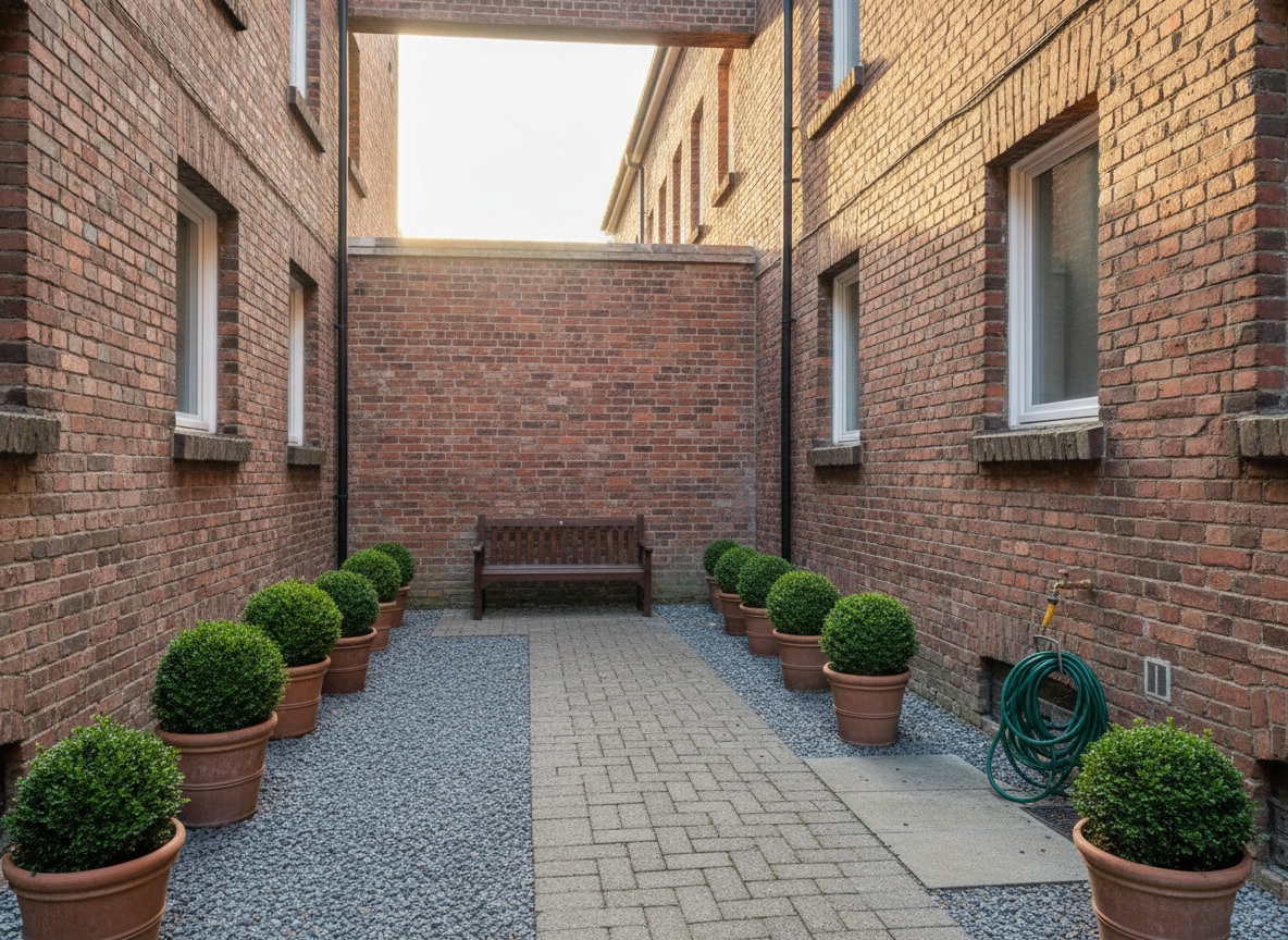 A small, cozy inner courtyard of an older brick residential building, beautifully maintained despite its modest size. Trimmed boxwood shrubs in simple terracotta pots line the edges, while a narrow paved path is free of weeds and debris. A compact wooden bench stands beside a neatly swept gravel area, and a discreet outdoor faucet with coiled green hose indicates regular gardening work. Soft golden-hour sunlight filters in from above, warming the red brick and casting gentle shadows from plants. Photographic realism with a rule-of-thirds composition places the bench slightly off-center, leading the eye through the tidy courtyard. The atmosphere is welcoming, quiet, and well cared for, expressing professional yet affordable garden and courtyard care.
